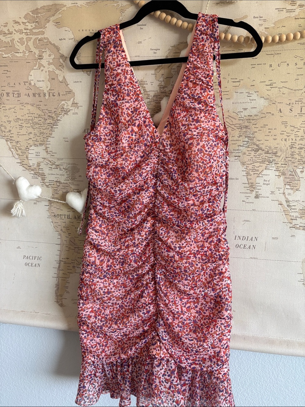 Kika Vargas Pink Floral Ruched V-Neck Mini Dress